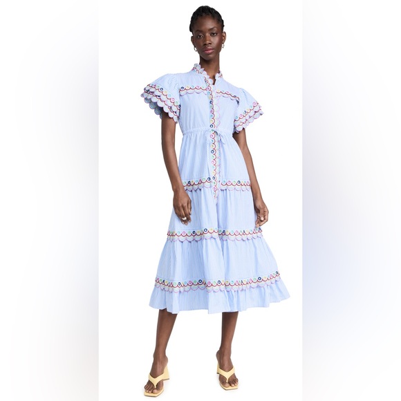 CeliaB Dresses & Skirts - CeliaB Light Blue Striped Maxi Dress with Scallop Trim